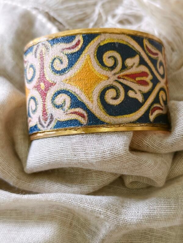Brass and Fabric Hand Cuff with Blue, Gold and Yellow Artwork