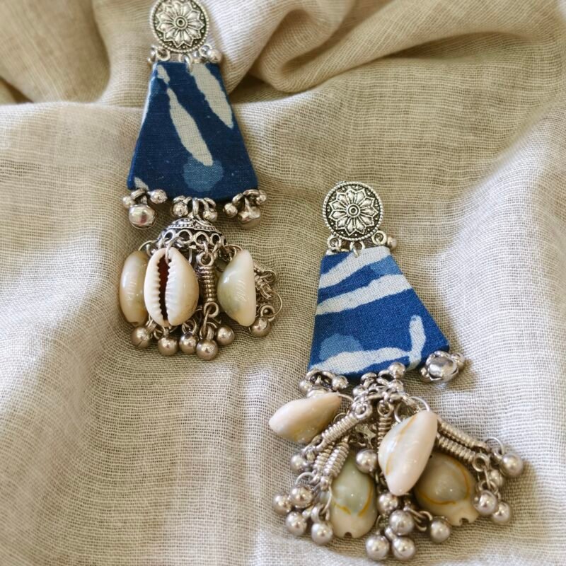 Indigo Metal and Fabric Earrings