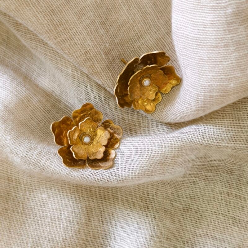 Brass and Pearl Flower Earrings
