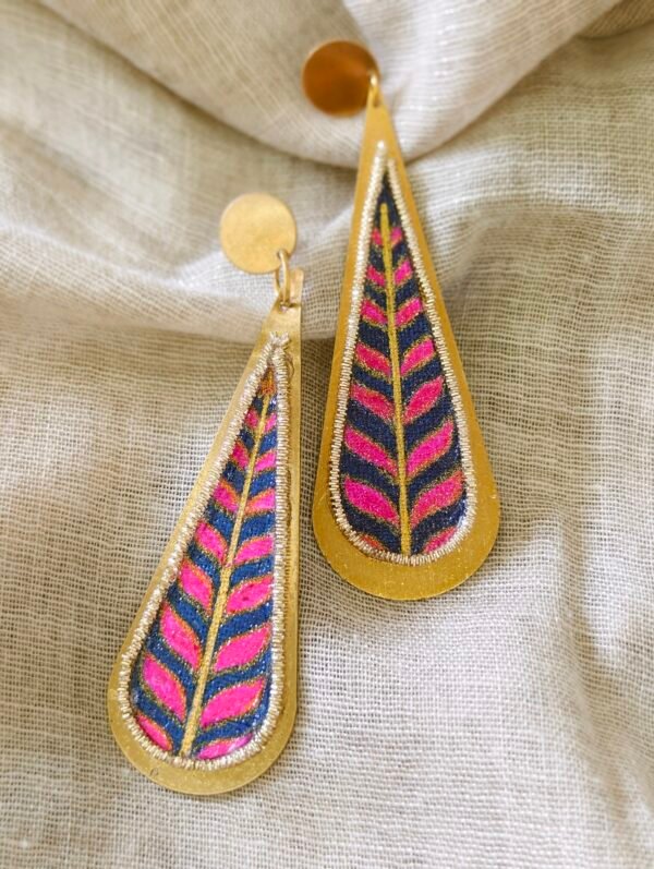 Brass and Fabric Earrings with Pink and Gold Artwork