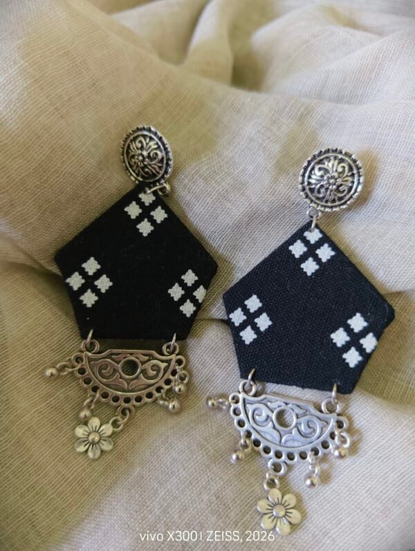 Black and White Metal and Fabric Earrings