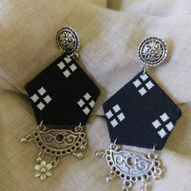 Black and White Metal and Fabric Earrings