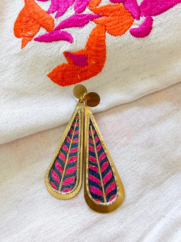 Brass and Fabric Earrings with Pink and Gold Artwork