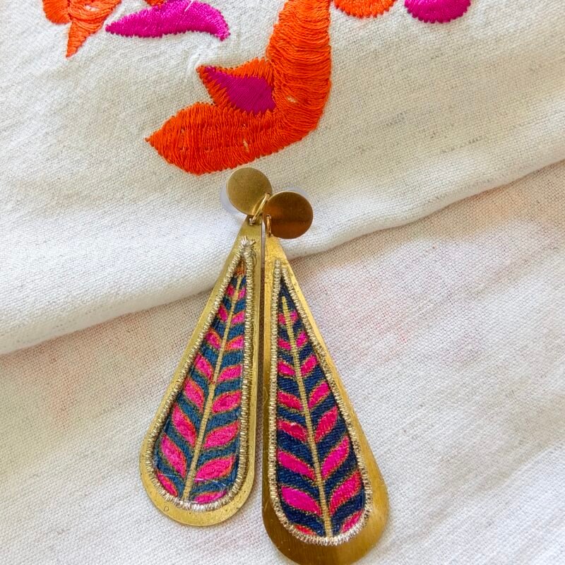 Brass and Fabric Earrings with Pink and Gold Artwork