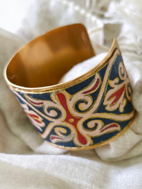 Brass and Fabric Hand Cuff with Blue, Gold and Yellow Artwork