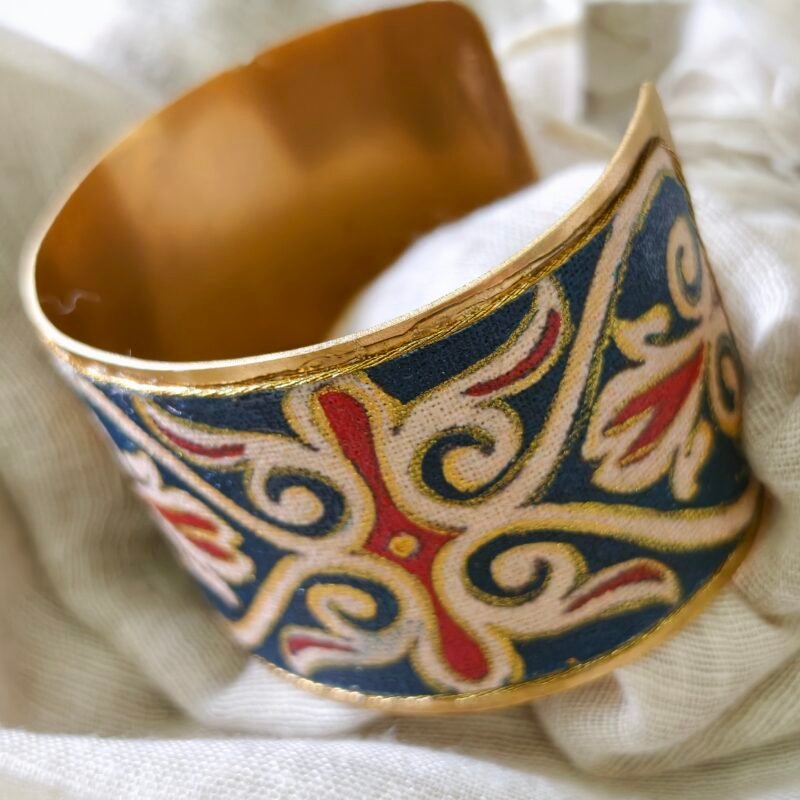 Brass and Fabric Hand Cuff with Blue, Gold and Yellow Artwork